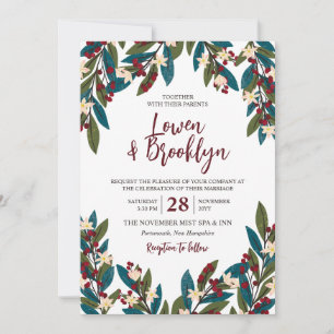 Invitation Turquoise & Bourgogne Floral Berry Twigs Mariage