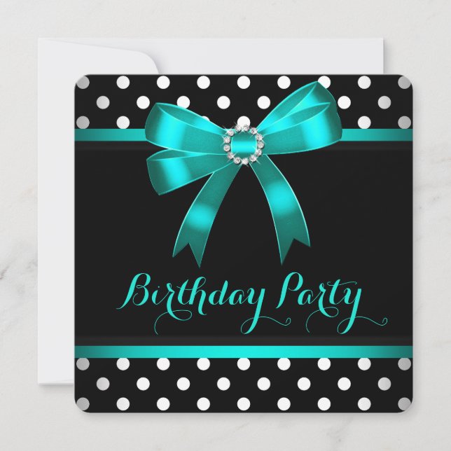 Invitation Turquoise Bow Black White Pois fête d'anniversaire (Devant)