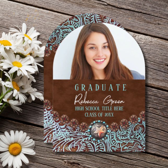 Invitation Turquoise Brown Western Pays Graduation Photo (Turquoise Brown Western Country Graduation Photo Invitation)