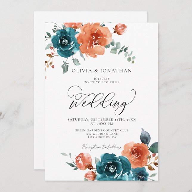 Invitation Turquoise Brûlé Orange Rustique Automne Mariage Fl (Devant / Derrière)