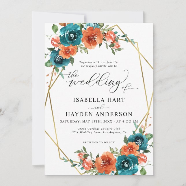 Invitation Turquoise Burange Orange Floral Gold Frame Mariage (Devant)