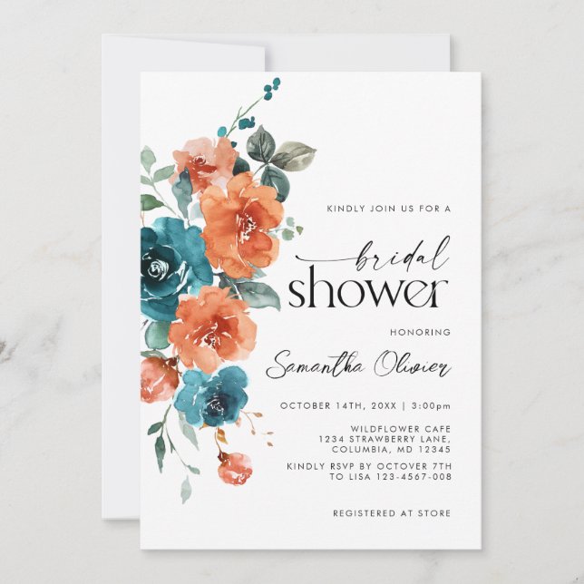 Invitation Turquoise Burange Orange Floral Moderne Mariage de (Devant)