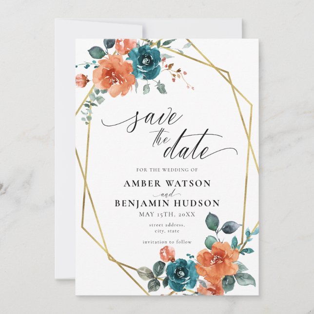 Invitation Turquoise Burnt Orange Aquarelle Floral Enregistre (Devant)