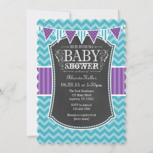 Invitation Turquoise Chalkboard violet Chevron Baby shower In
