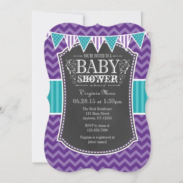 Invitation Turquoise Chalkboard violet Chevron Baby shower In (Devant)