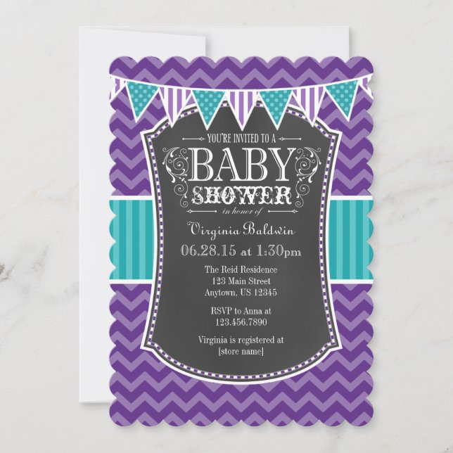 Invitation Turquoise Chalkboard violet Chevron Baby shower In (Devant)
