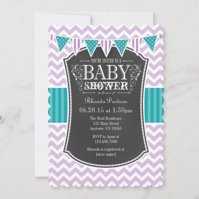 Invitation Turquoise Chalkboard violet Chevron Baby shower In (Devant)