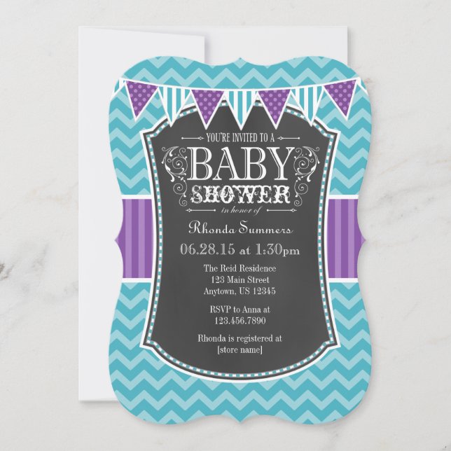 Invitation Turquoise Chalkboard violet Chevron Baby shower In (Devant)