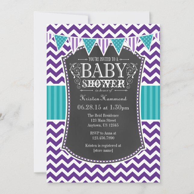 Invitation Turquoise Chalkboard violet Chevron Baby shower In (Devant)