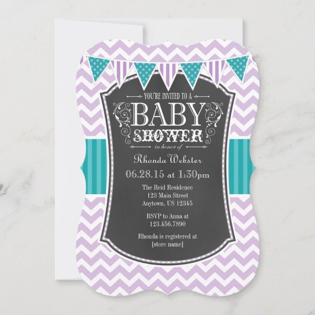 Invitation Turquoise Chalkboard violet Chevron Baby shower In (Devant)