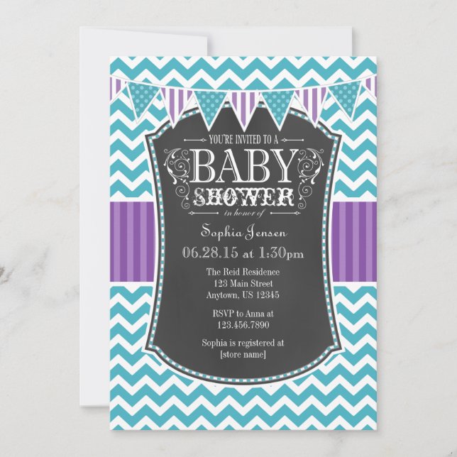 Invitation Turquoise Chalkboard violet Chevron Baby shower In (Devant)
