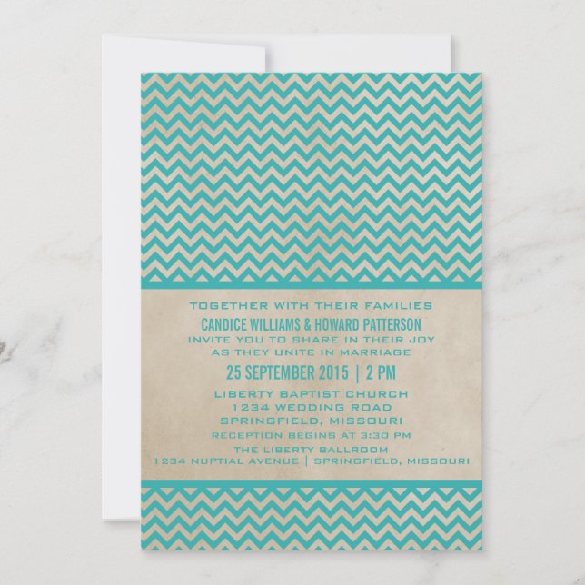 Invitation turquoise Chic Chevron Mariage (Devant)