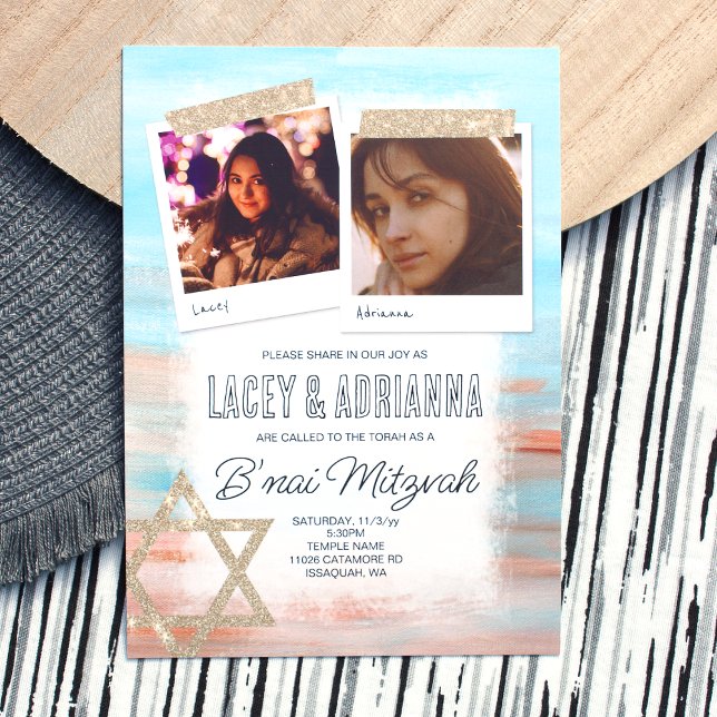 Invitation Turquoise claire, Parties scintillant beige B'nai  (Stylish Cyan, Sienna Beige Girl's B'nai Mitzvah Invitation. Bat Mitzvah Invitations with 2 photos)