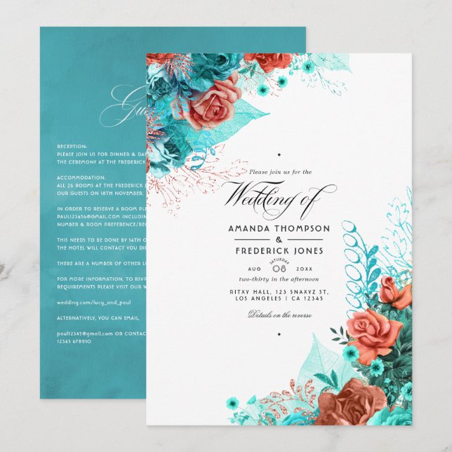 Invitation Turquoise classique et Mariage floral corail (Devant / Derrière)