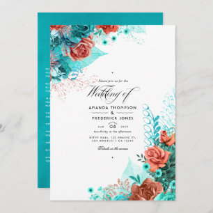 Invitation Turquoise classique et Mariage floral corail