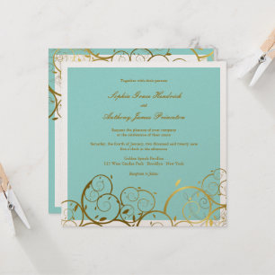 Invitation Turquoise & Classy Golden Spirals Mariage élégant