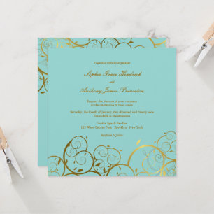 Invitation Turquoise & Classy Golden Spirals Mariage élégant