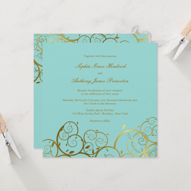 Invitation Turquoise & Classy Golden Spirals Mariage élégant (Devant/Arrière en situation)