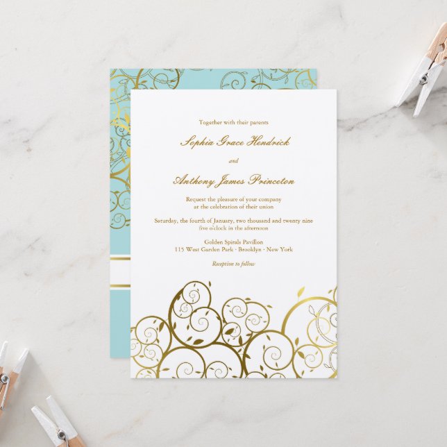 Invitation Turquoise & Classy Golden Spirals Mariage élégant (Devant/Arrière en situation)