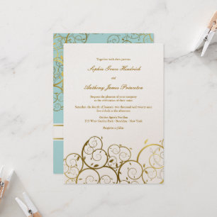 Invitation Turquoise & Classy Golden Spirals Mariage élégant