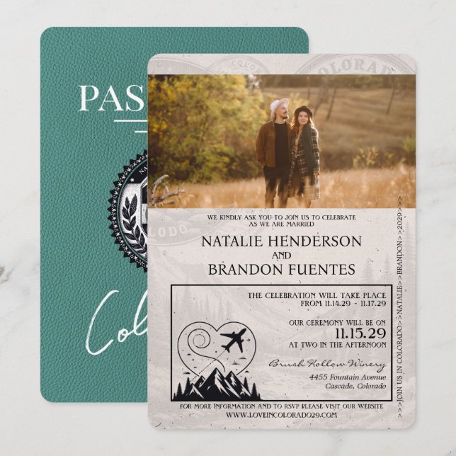 Invitation Turquoise Colorado Mariage de passeport (Devant / Derrière)