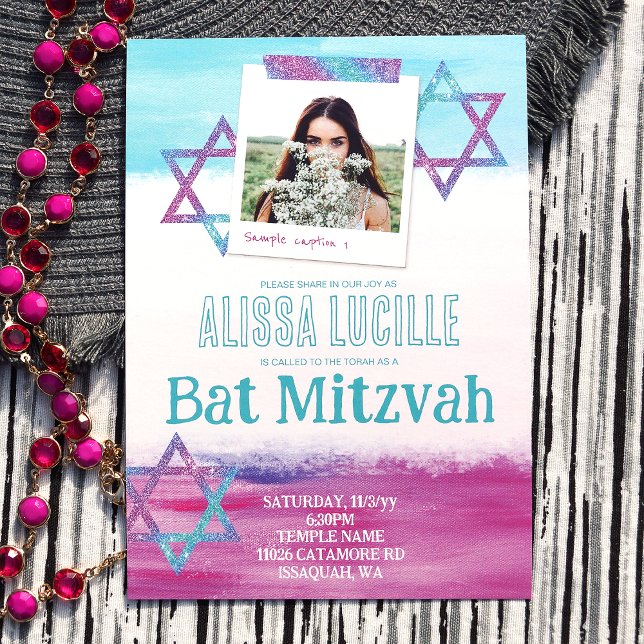 Invitation Turquoise colorée, Bat mitzvah Parties scintillant (Abstract brush stroke, pink turquoise bat mitzvah invitations, star of david & photo)