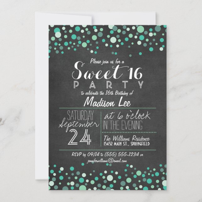 Invitation Turquoise Confetti Chalkboard Vert Sweet 16 Party (Devant)