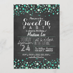 Invitation Turquoise Confetti Chalkboard Vert Sweet 16 Party
