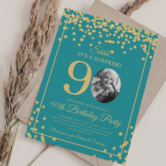 Invitation Turquoise Confettis Dorés Élégants pour 90e Annive