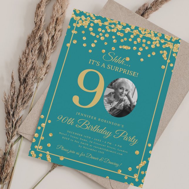 Invitation Turquoise Confettis Dorés Élégants pour 90e Annive (Elegant 90th Birthday Gold Confetti Turquoise Invitation)