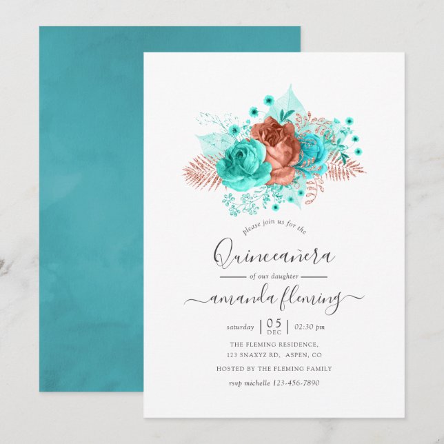 Invitation Turquoise & Corail Aquarelle Quinceañera (Devant / Derrière)