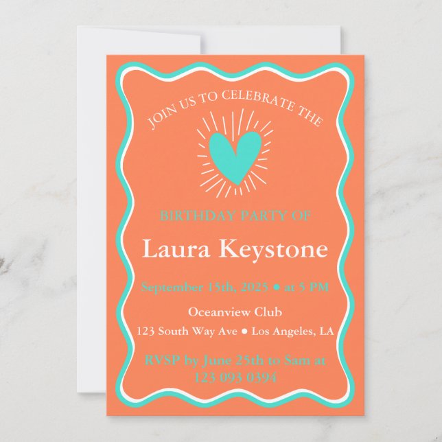 Invitation Turquoise, Corail et Blanc Retro Wavy (Devant)