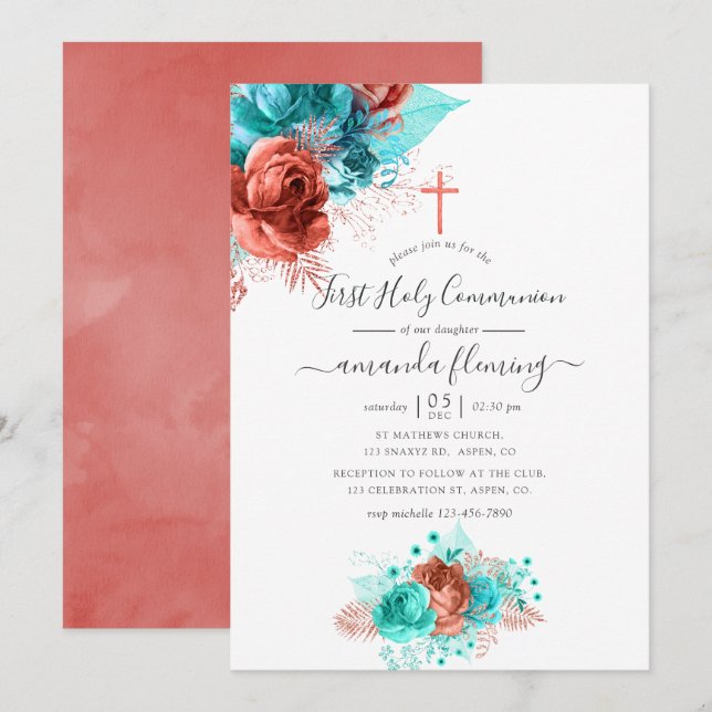Invitation Turquoise & Corail Floral Aquarelle Première Saint (Devant / Derrière)