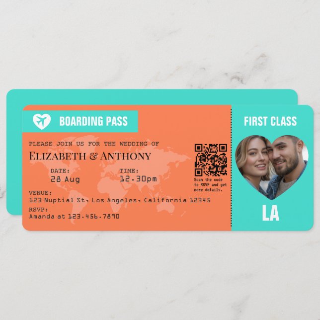 Invitation Turquoise & Coral Boarding Pass Wedding (Devant / Derrière)