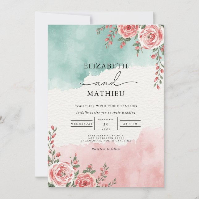 Invitation Turquoise Coral Floral Arch Mariage (Devant)