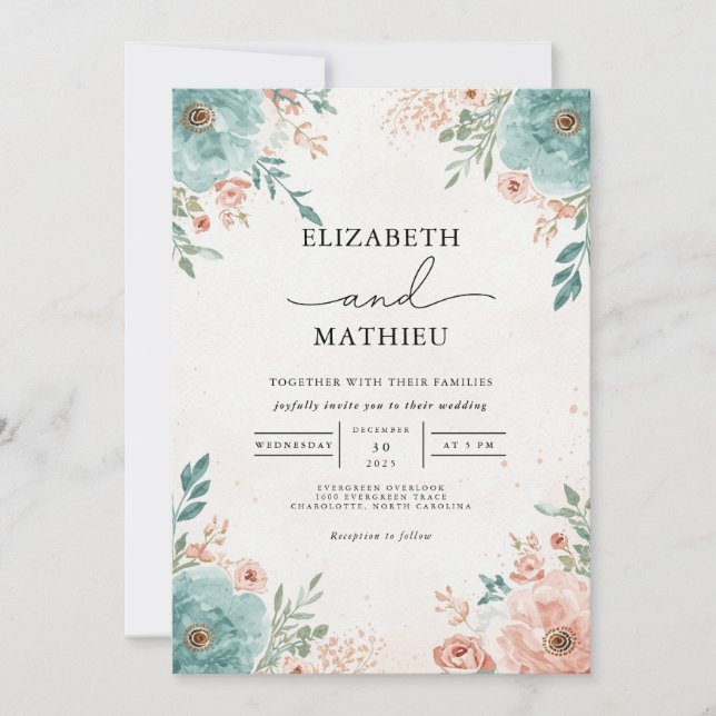 Invitation Turquoise & Coral Floral Mariage (Devant)