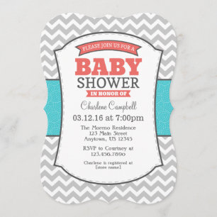 Invitation Turquoise Coral Grey Chevron Baby shower Invitatio