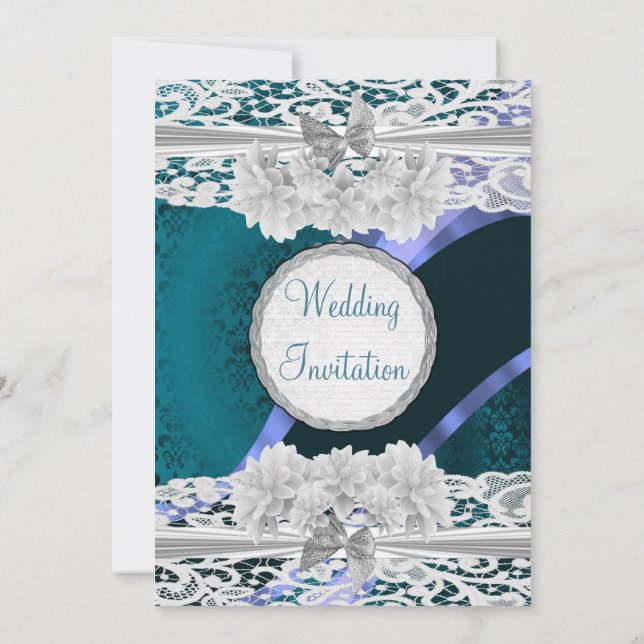 Invitation Turquoise damas et dentelle blanche vintage mariag (Dos)