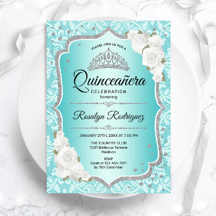 Invitation Turquoise Damask Elegant Floral Quinceanera