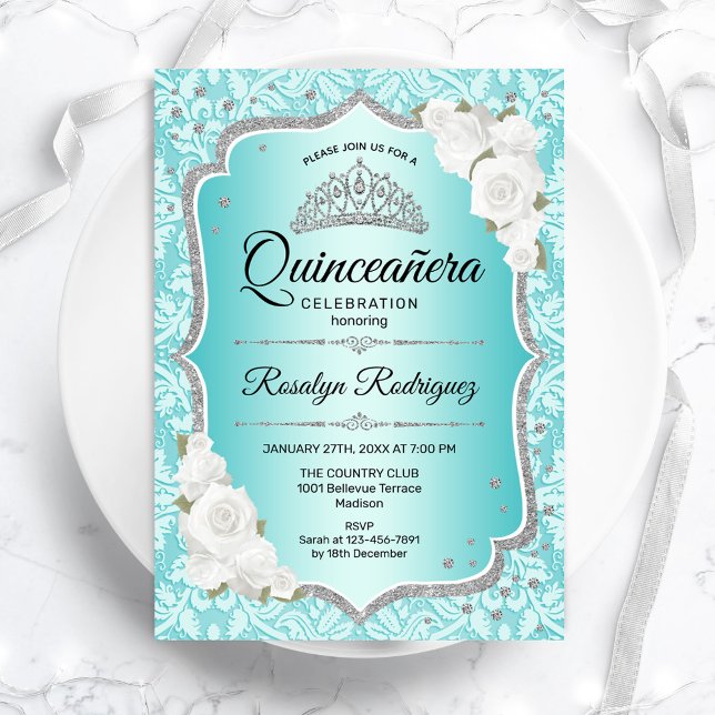 Invitation Turquoise Damask Elegant Floral Quinceanera (Créateur téléchargé)