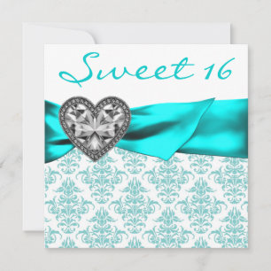 Invitation Turquoise Damask Heart Turquoise Blue Sweet 16 Par