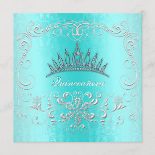 Invitation Turquoise Damask Quinceanera Diamond Tiara Invitat