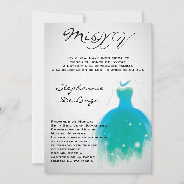 invitation turquoise d'anniversaire de Quinceanera (Devant)
