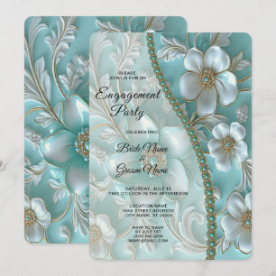 Invitation turquoise de Fiançailles Floral Blanc