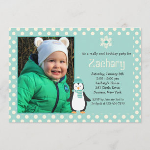 Invitation turquoise de photo de petit pingouin