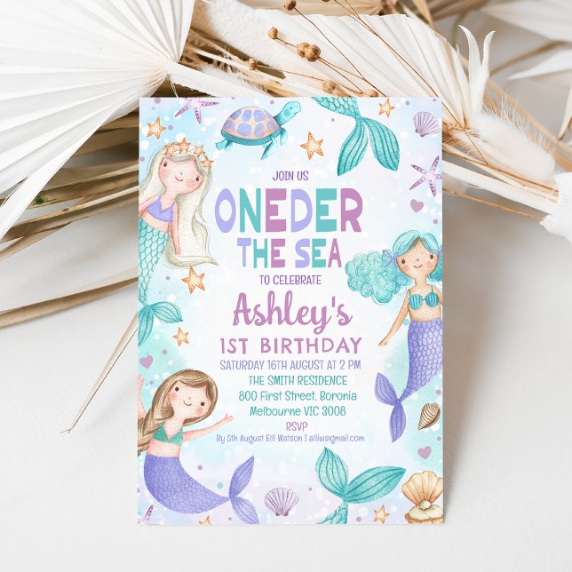 Invitation Turquoise de sirènes pourpres au bord de la mer 1e (Editable Mermaid Oneder the Sea Birthday Party Invitation, Instant Mermaid 1st Birthday invite, )