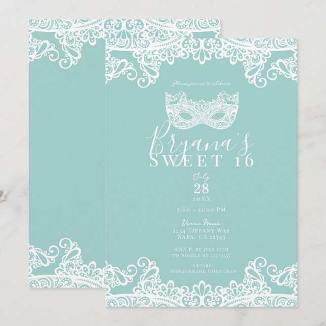 Invitation Turquoise Dentelle Turquoise Masquerade Sweet 16 P (Devant / Derrière)