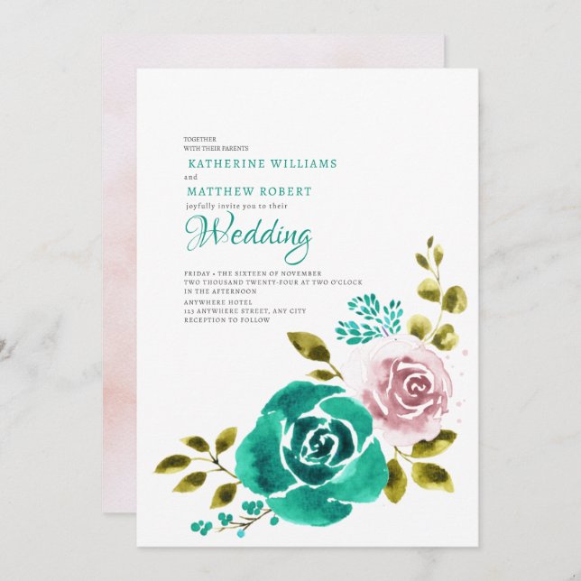 Invitation Turquoise Dusty Rose Blush Floral Mariage (Devant / Derrière)