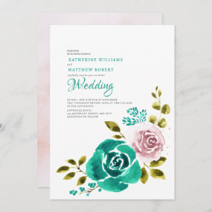 Invitation Turquoise Dusty Rose Blush Floral Mariage