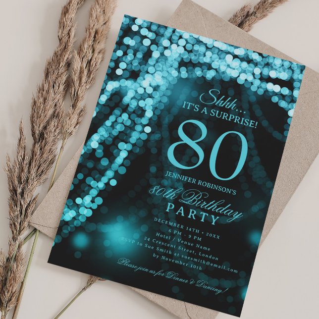Invitation Turquoise | Élégante fête d'anniversaire surprise  (Turquoise | Elegant Surprise 80th Birthday Party Invitation)